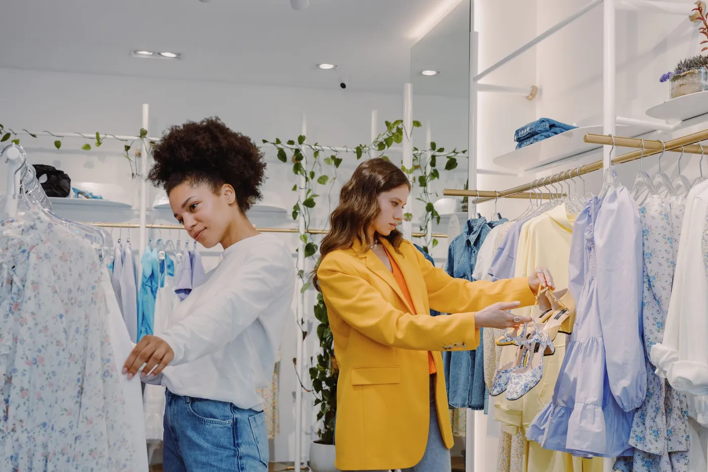 Two women browsing dresses in a boutique