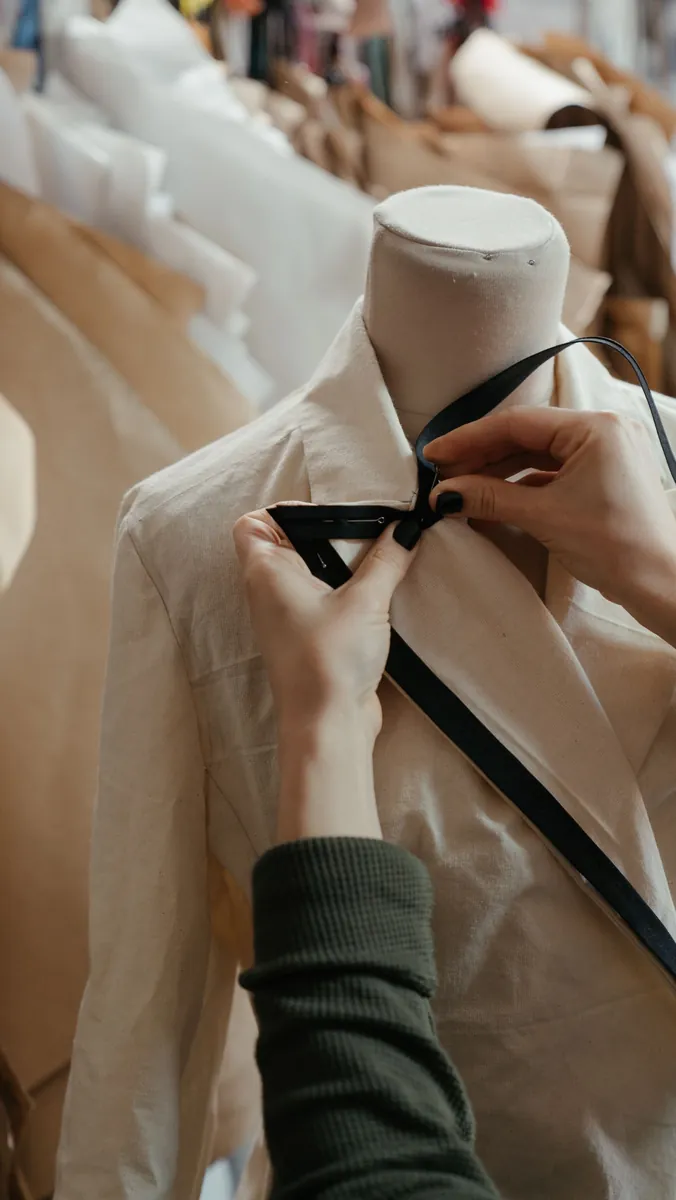 A tailor pinning a garment on a dress form